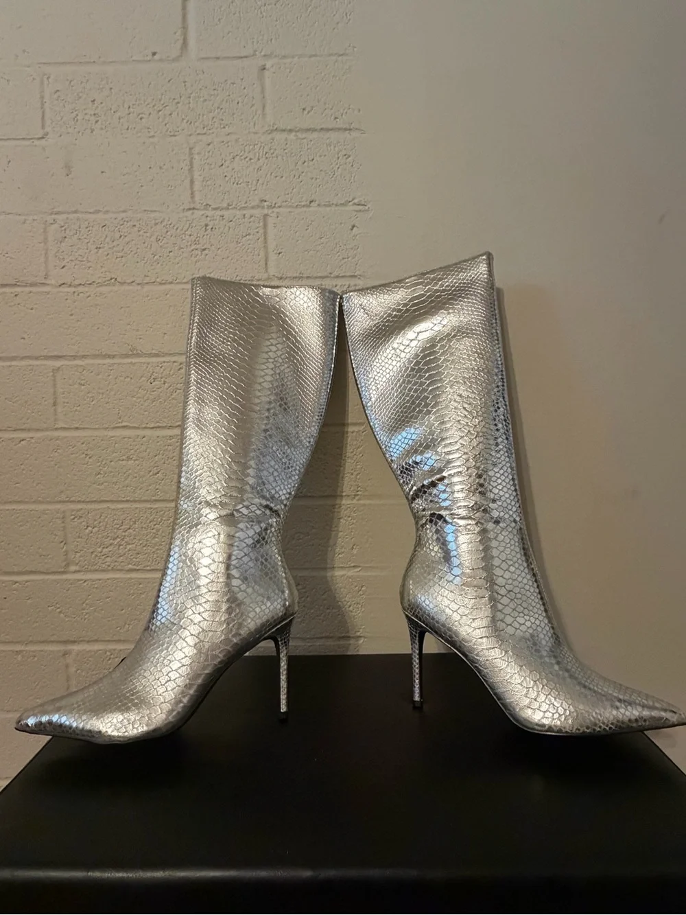INC International Concepts Silver Snakeskin Over-the-Knee Stiletto Boots in